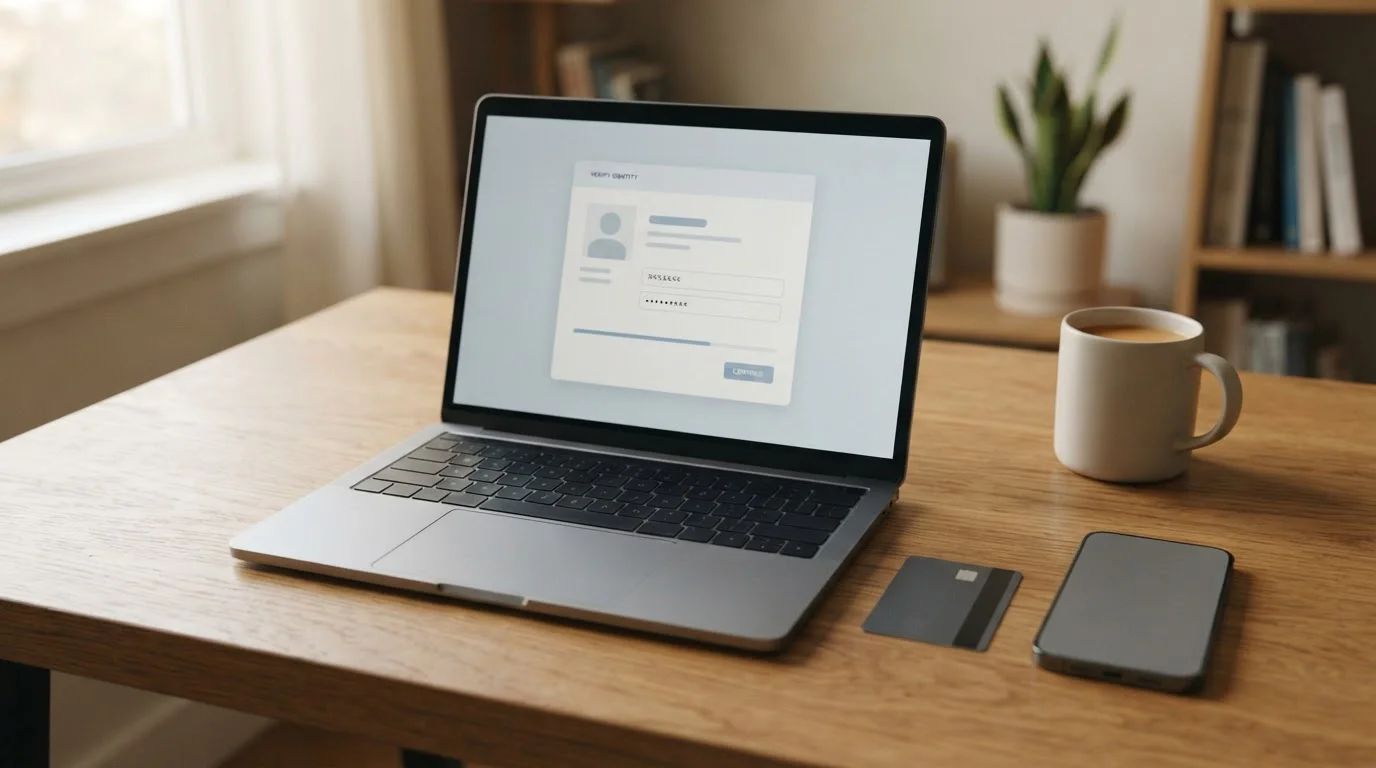 Rejstřík vyloučených osob otevřený na notebooku vedle bankovní karty a mobilního telefonu