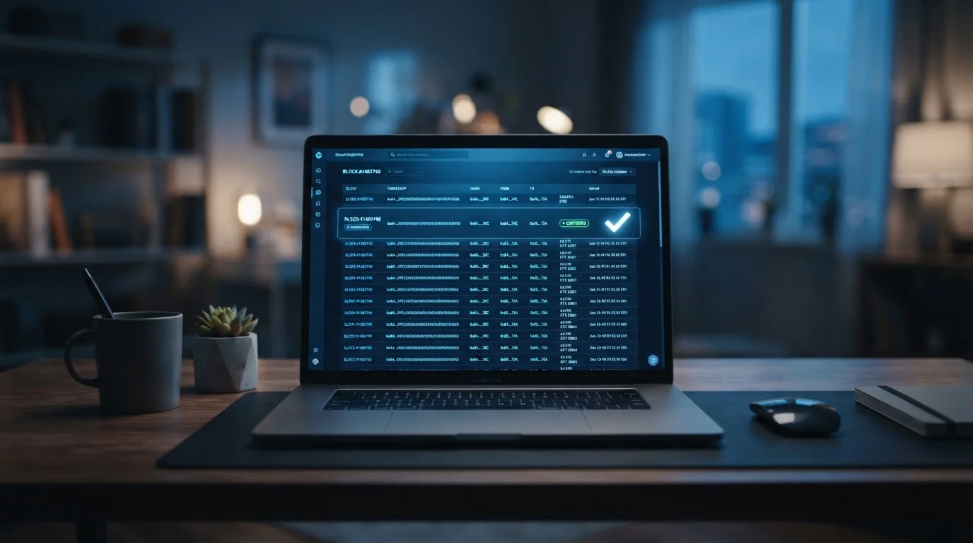 Neutrální zobrazení blockchainového průzkumníku s potvrzenou transakcí