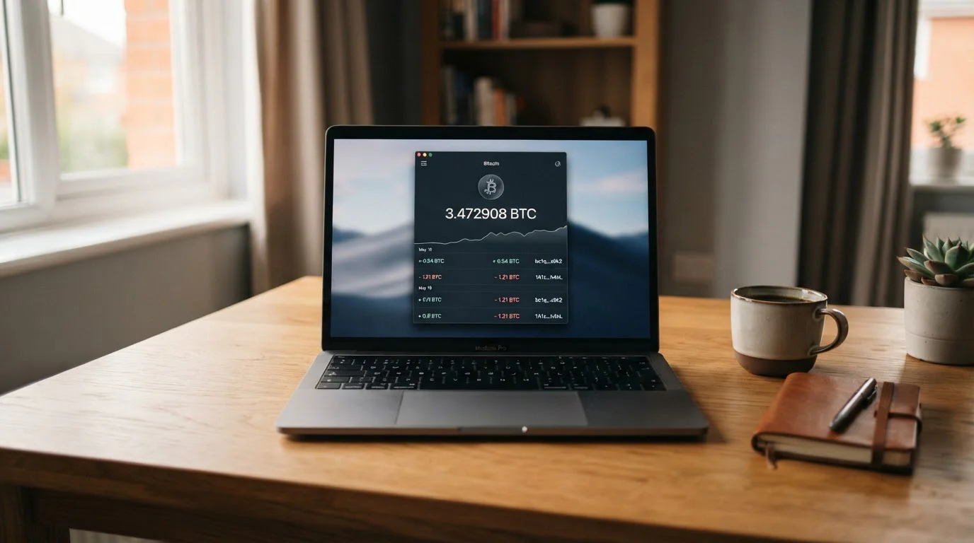 Notebook s otevřenou peněženkou Bitcoinu připravenou k odeslání transakce