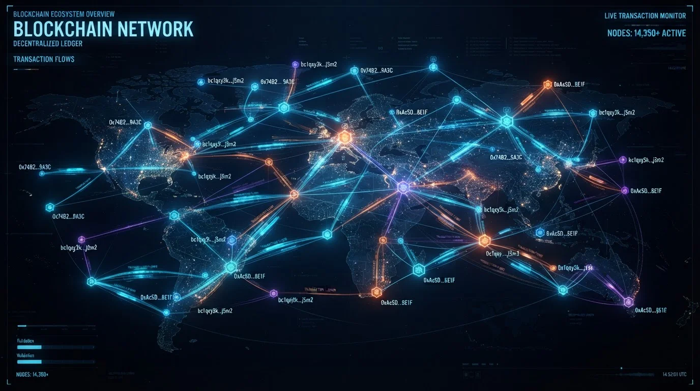 Schéma blockchain transakce se zamlženou identitou v pozadí