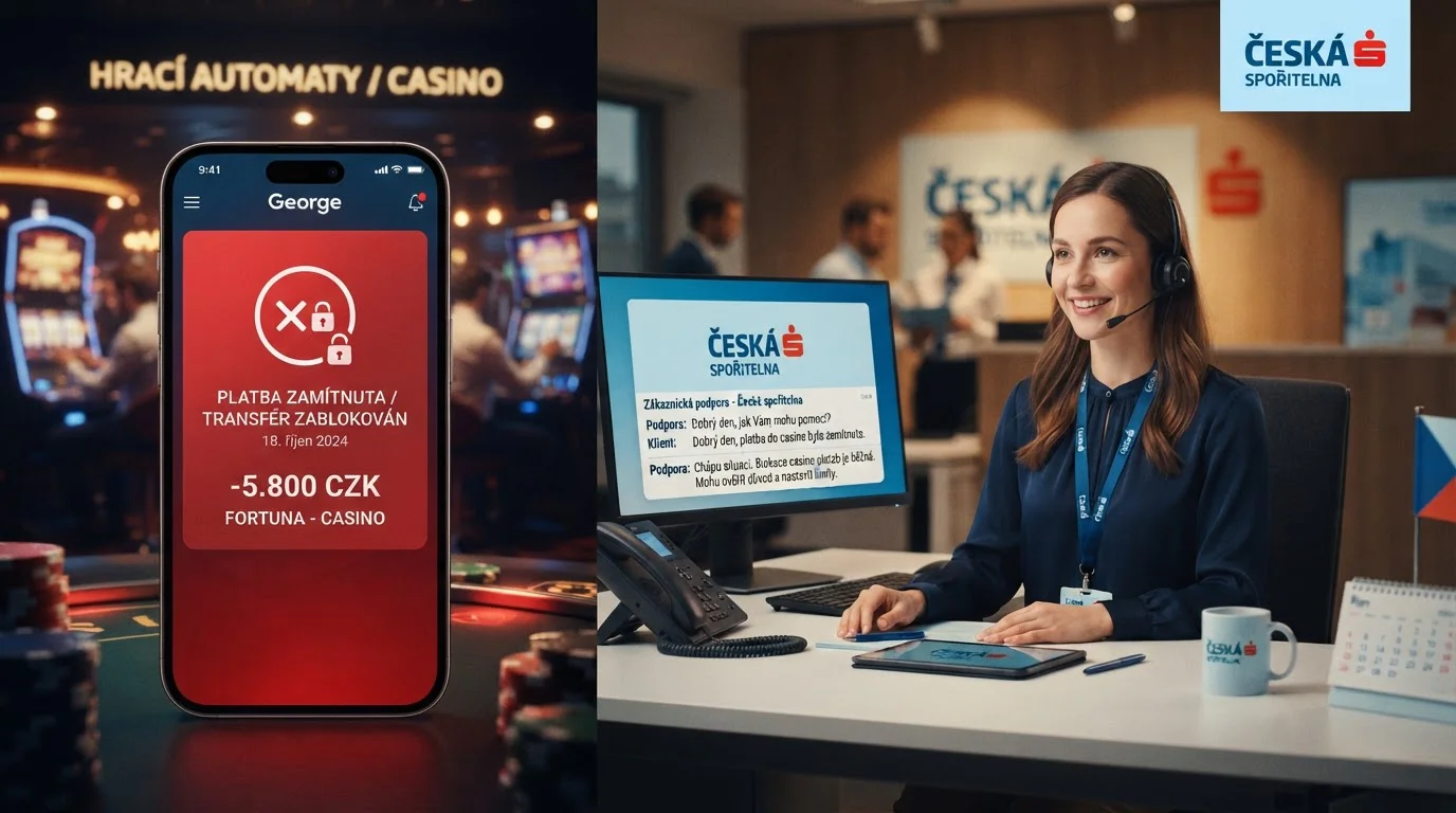 Symbol zablokované transakce s červeným varováním a zákaznický servis České spořitelny