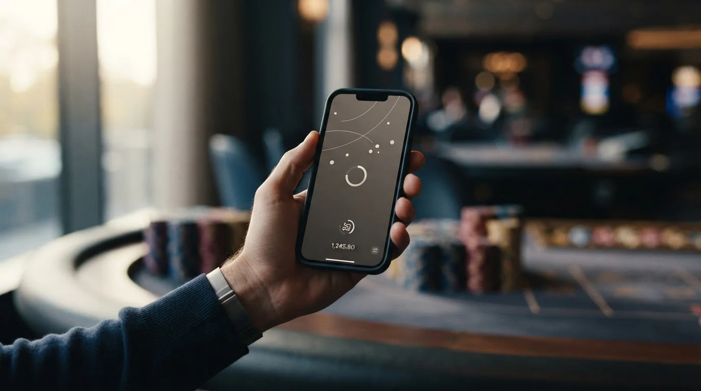 Ruka držící smartphone s platební aplikací a symbolickými žetony casina na pozadí