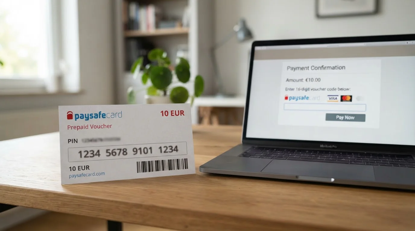 Paysafecard voucher a online casino platba na obrazovce notebooku