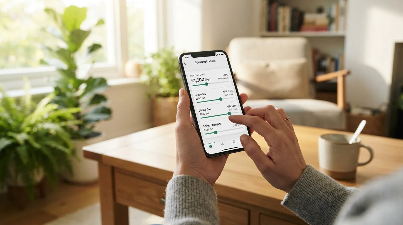 Detail smartphonu s otevřenou bankovní aplikací a nastavením limitů karty