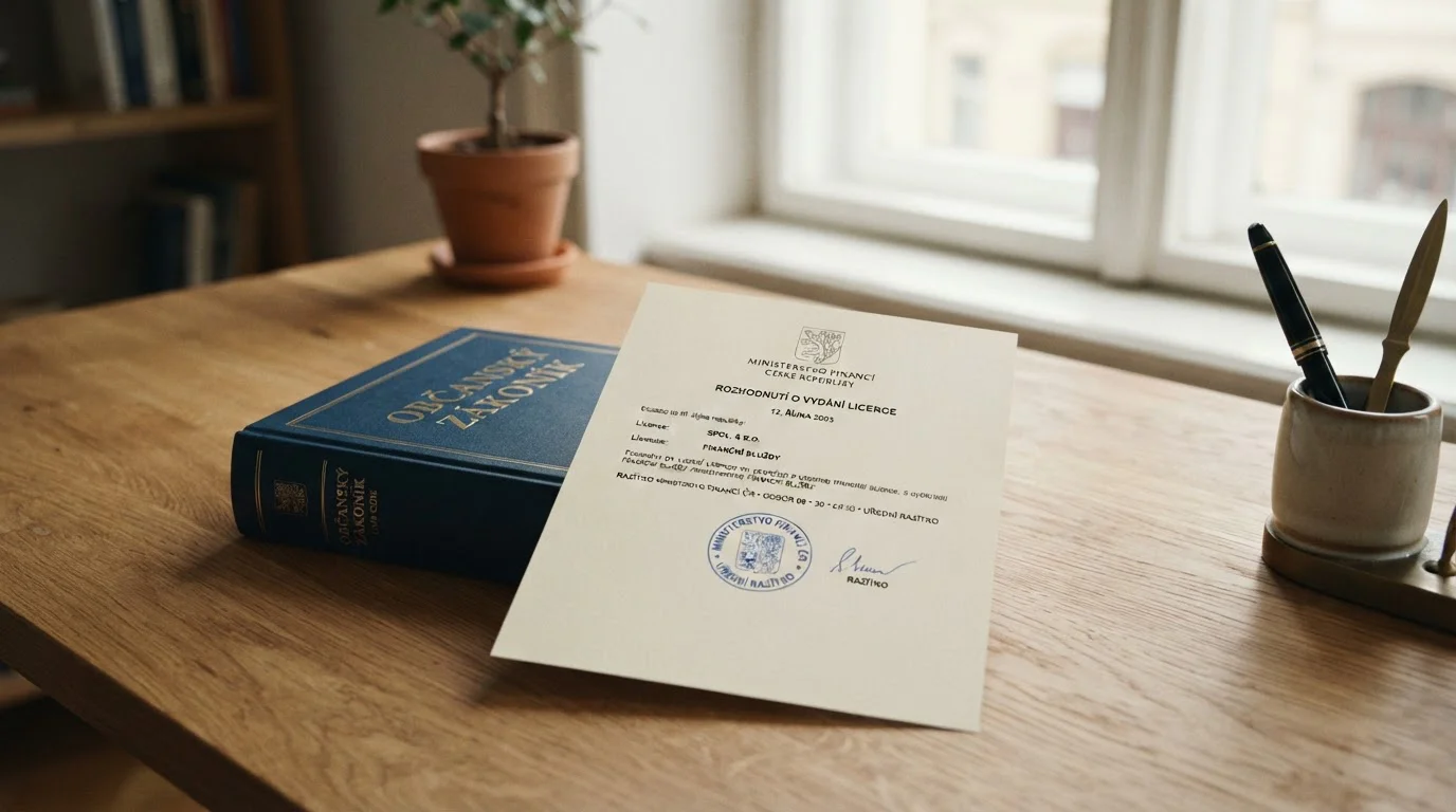 Zákonná kniha s logem Ministerstva financí a razítkem licence na stole