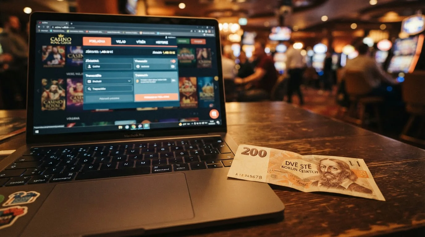 Papírová bankovka dvě stě korun položená vedle klávesnice a obrazovky s casino pokladnou