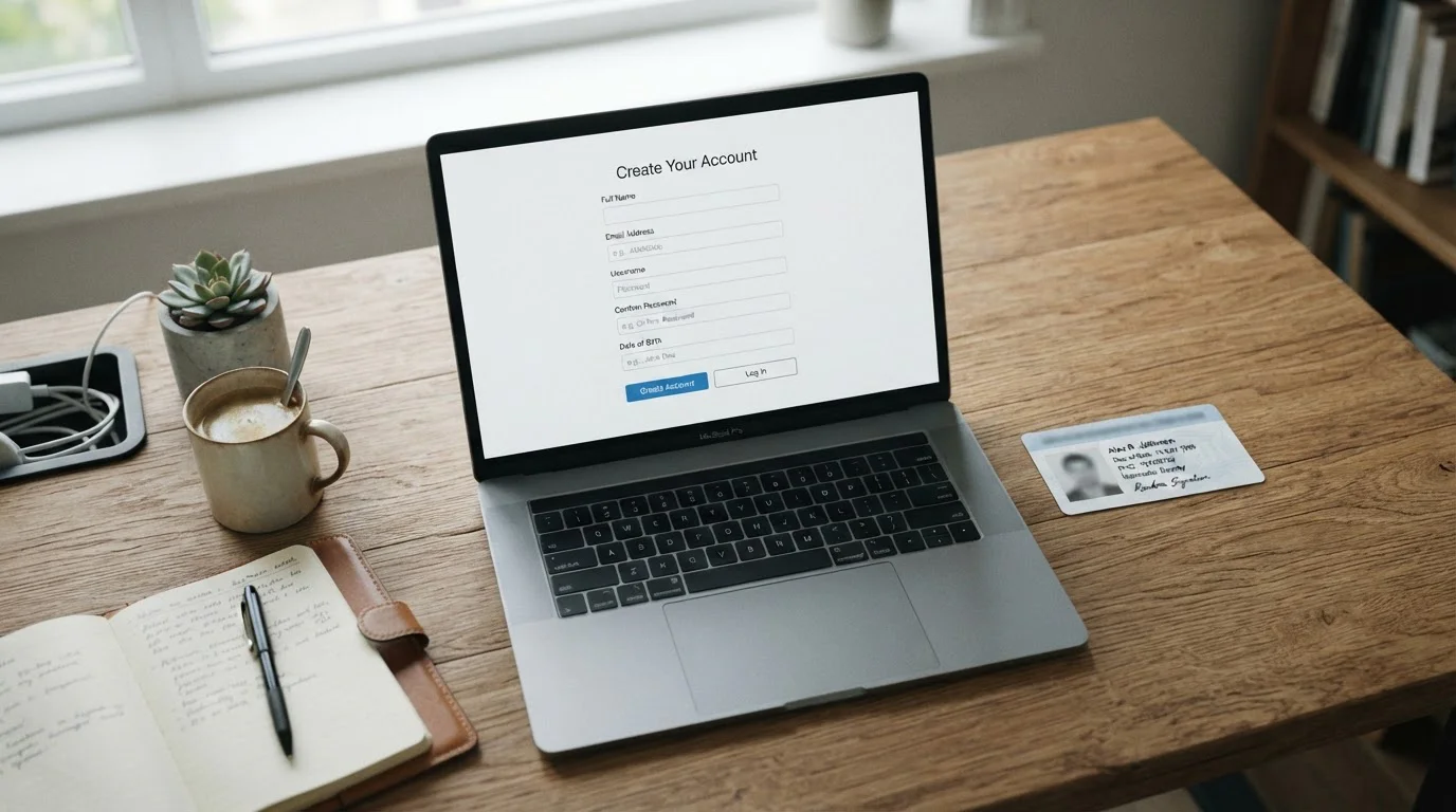 Klidný stůl s notebookem, dokumenty a smartphonem během registrace e-peněženky