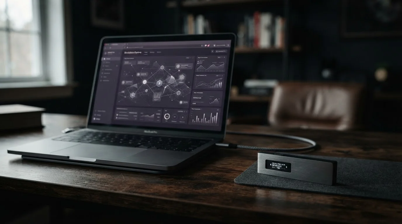 Ledger hardware peněženka vedle notebooku s otevřeným Etherscan průzkumníkem