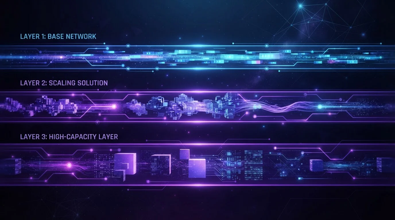 Neutrální infografika porovnávající tři vrstvy Ethereum sítě a plynové poplatky