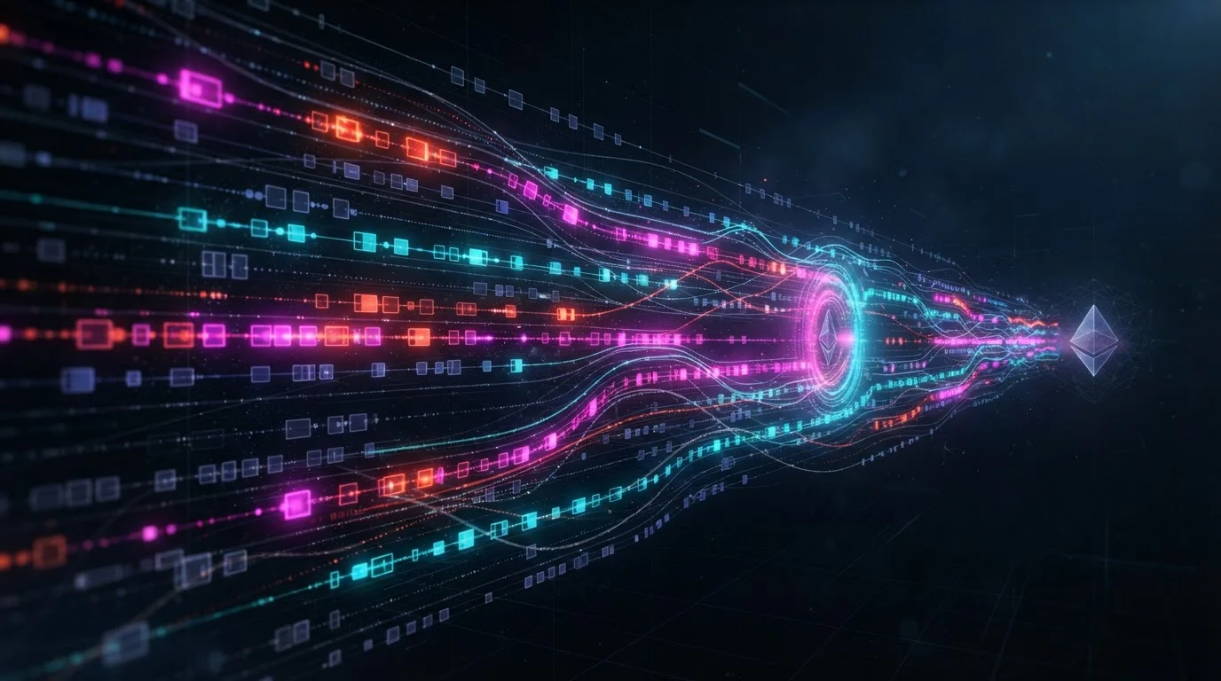 Kreslený mempool Ethereum sítě se seznamem nepotvrzených transakcí
