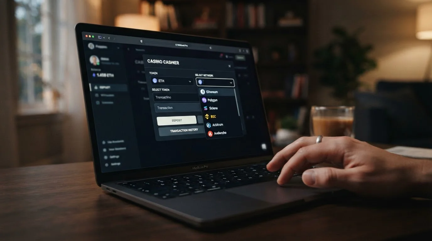 Uživatel v pokladně kasina si vybírá mezi Ethereum a stablecoinovou sítí
