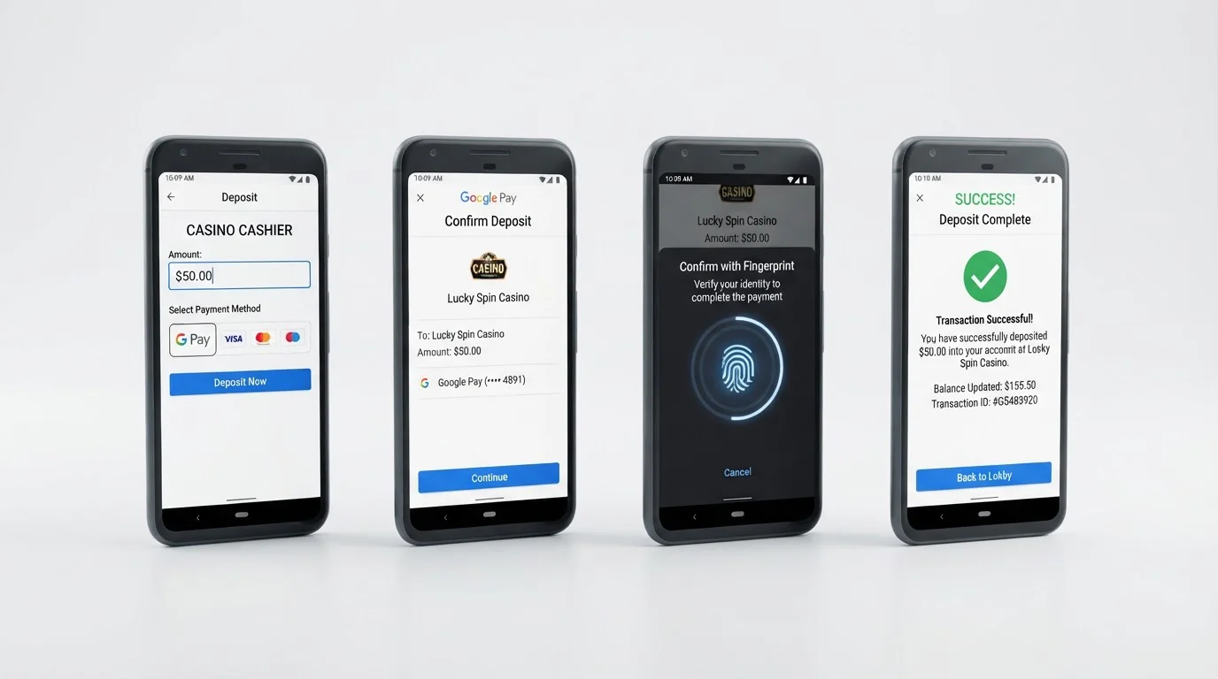 Čtyři obrazovky telefonu ukazují postup vkladu přes Google Pay v pokladně casina