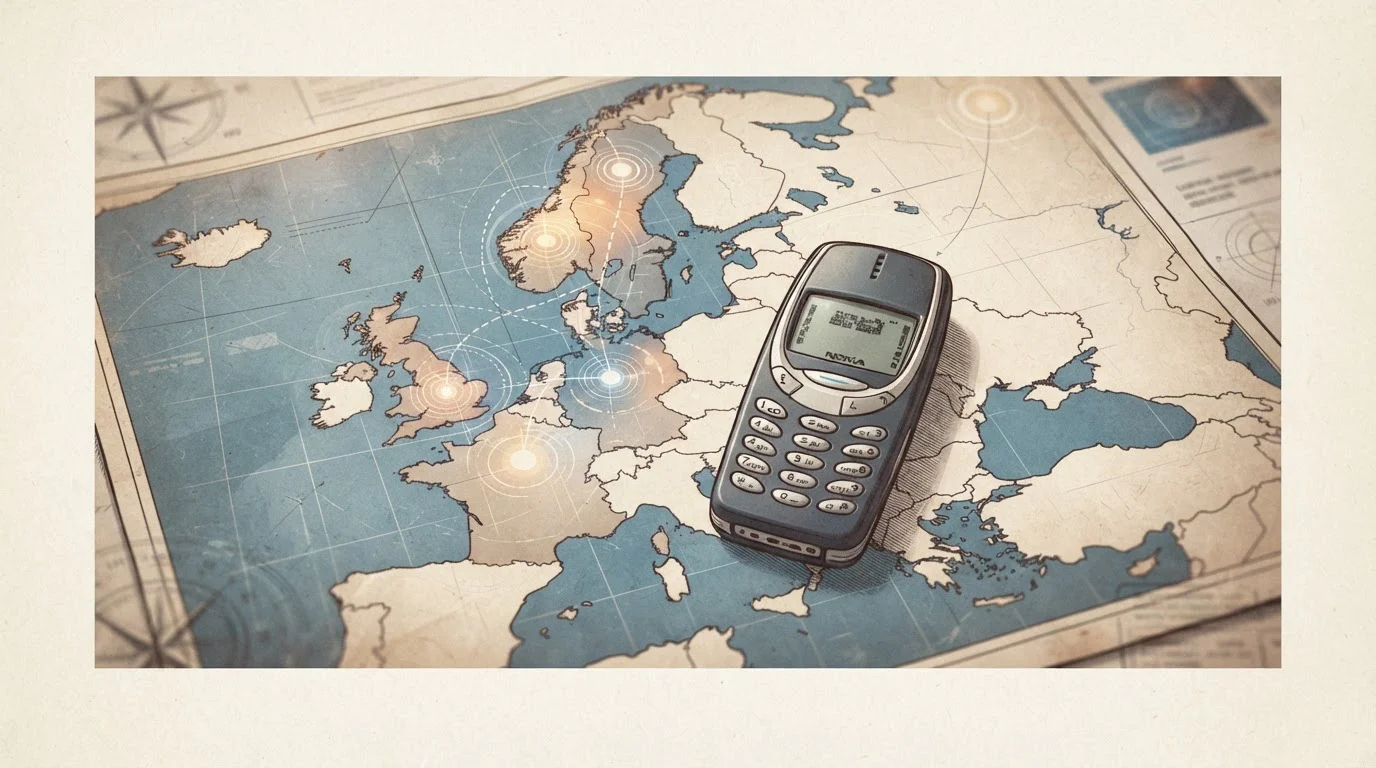 Stará ilustrace mobilního telefonu a evropské mapy s vyznačenými zeměmi