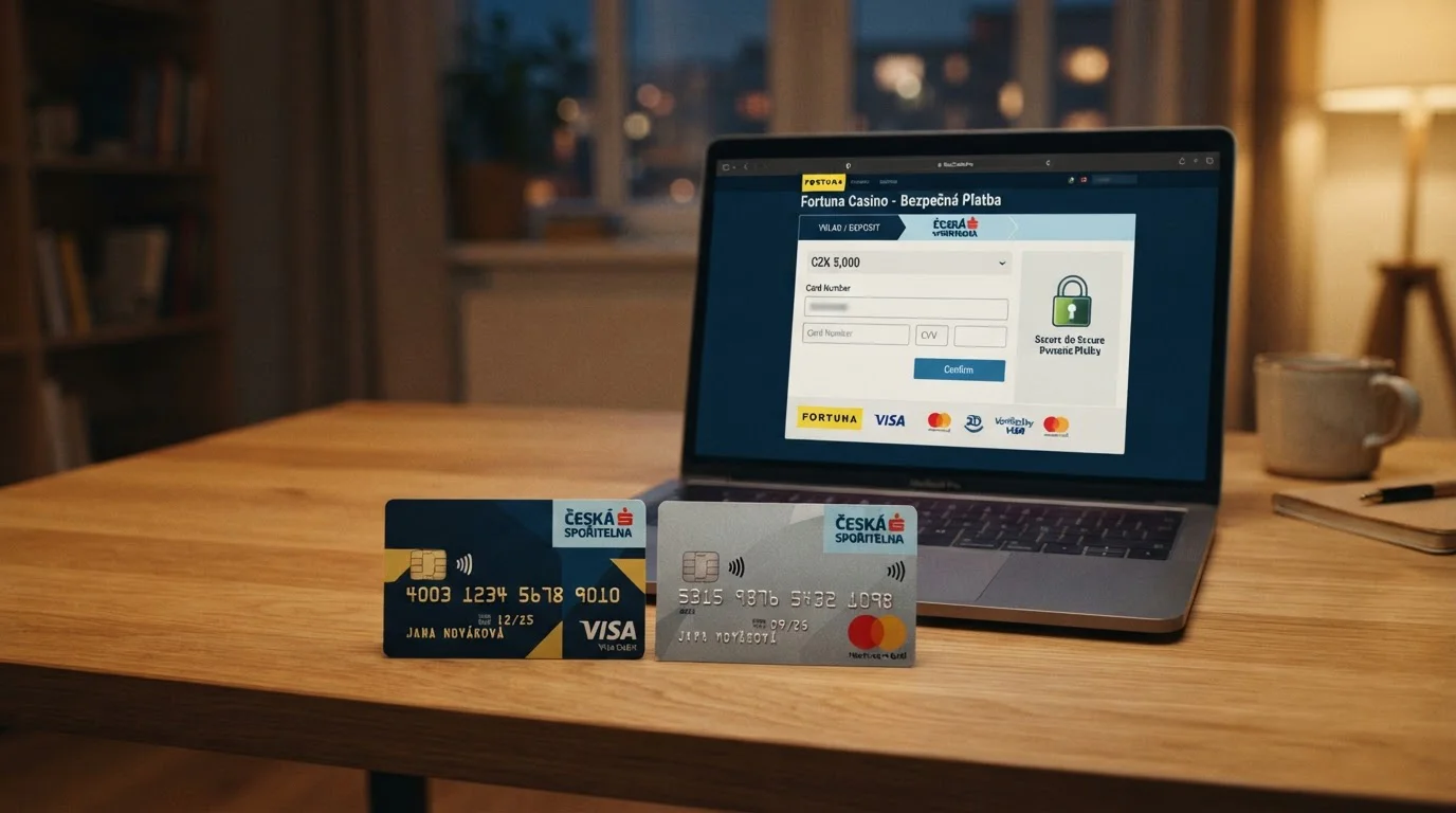 Debetní a kreditní karta Visa a Mastercard od České spořitelny na stole vedle notebooku s otevřeným casinem