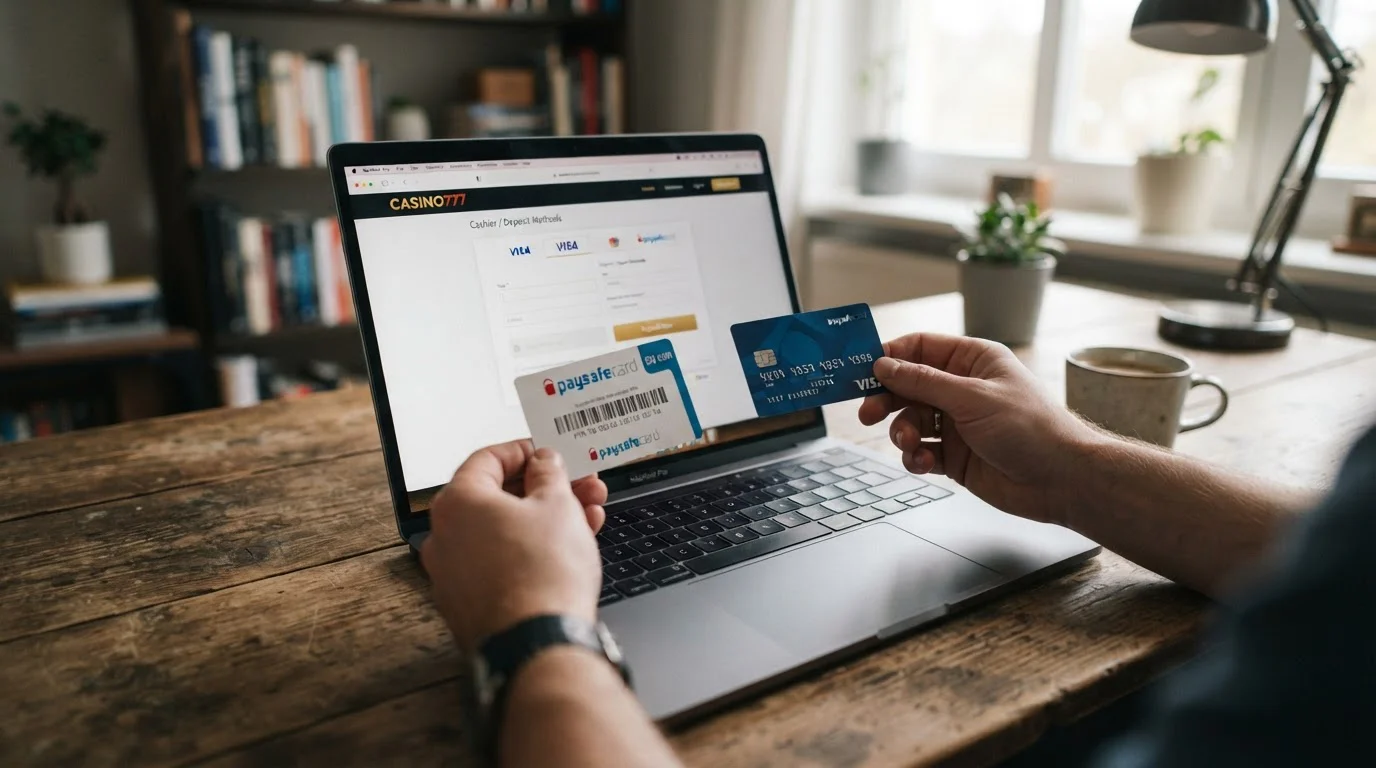 Ruce hráče drží platební kartu a paysafecard voucher nad klávesnicí notebooku
