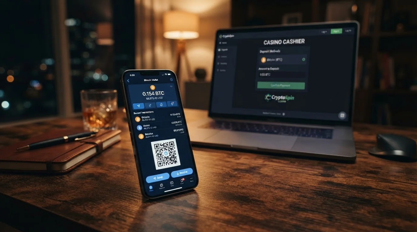 Bitcoin peněženka na obrazovce telefonu s otevřenou pokladnou casina v pozadí