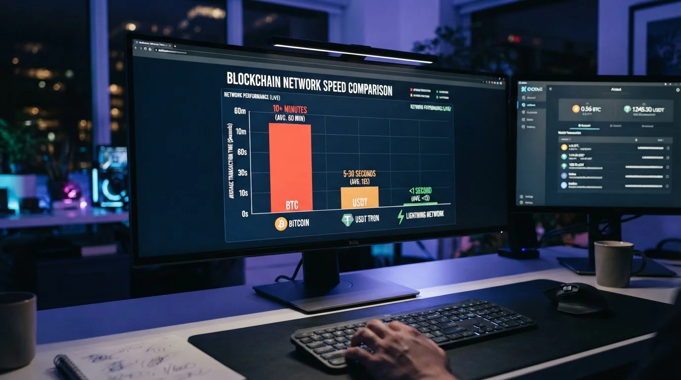 Porovnání rychlosti Bitcoin vs USDT vs Lightning Network