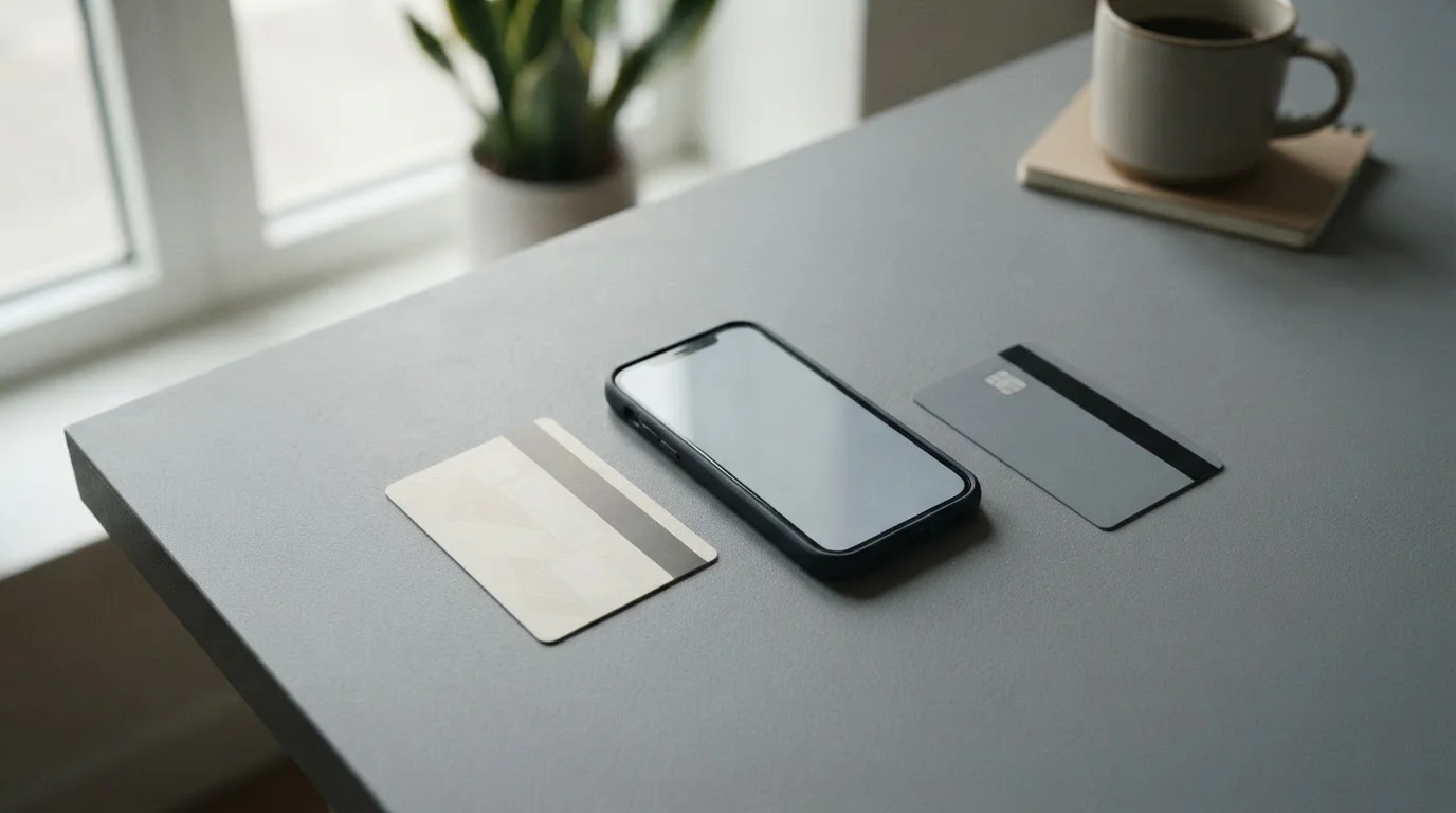 Osoba u počítače má na stole paysafecard poukaz a mobilní telefon
