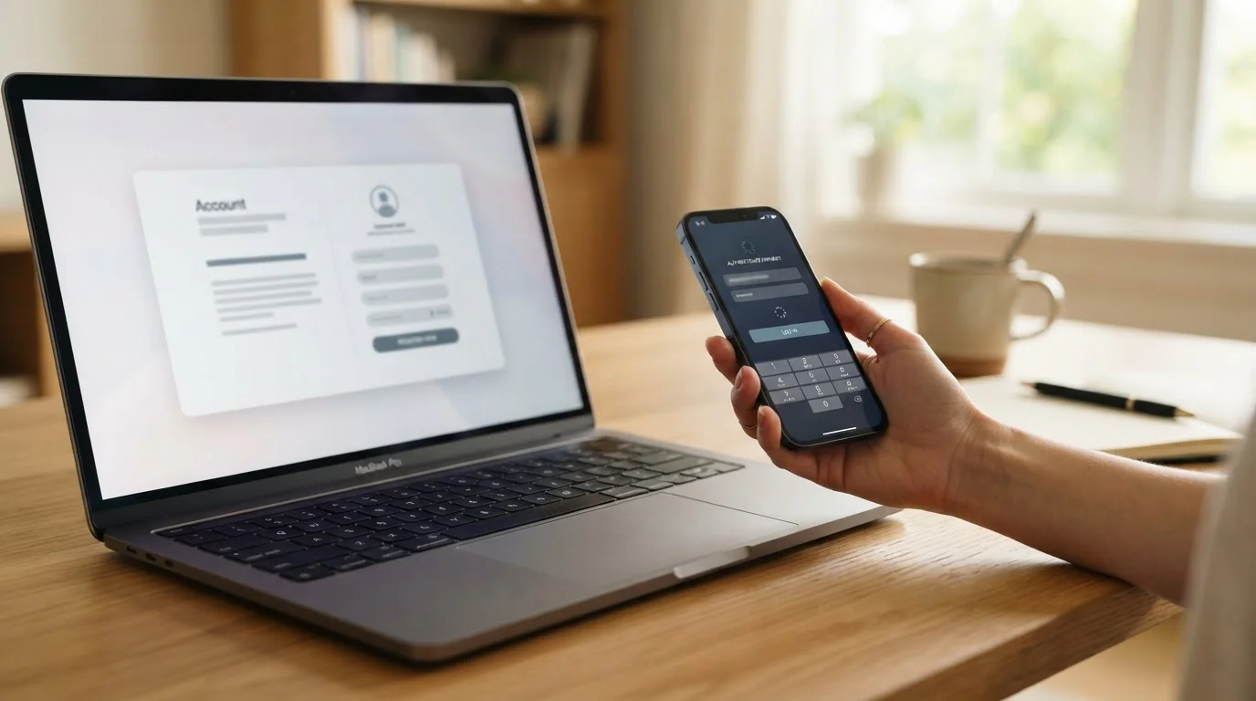 Notebook s otevřenou pokladnou české herny a mobilem s bankovní aplikací