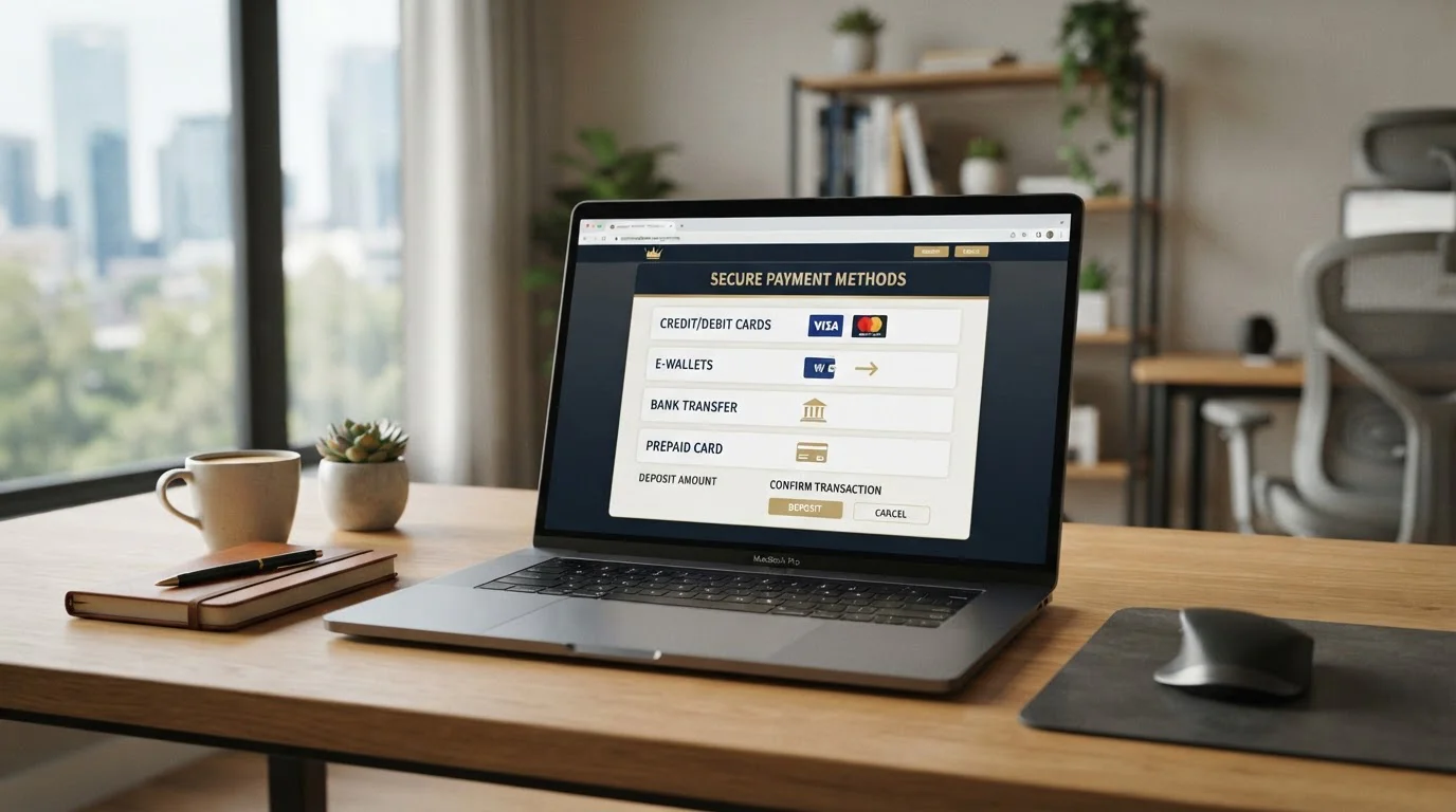 Porovnání pěti mezinárodních casino platforem na notebooku s detailem platebních metod