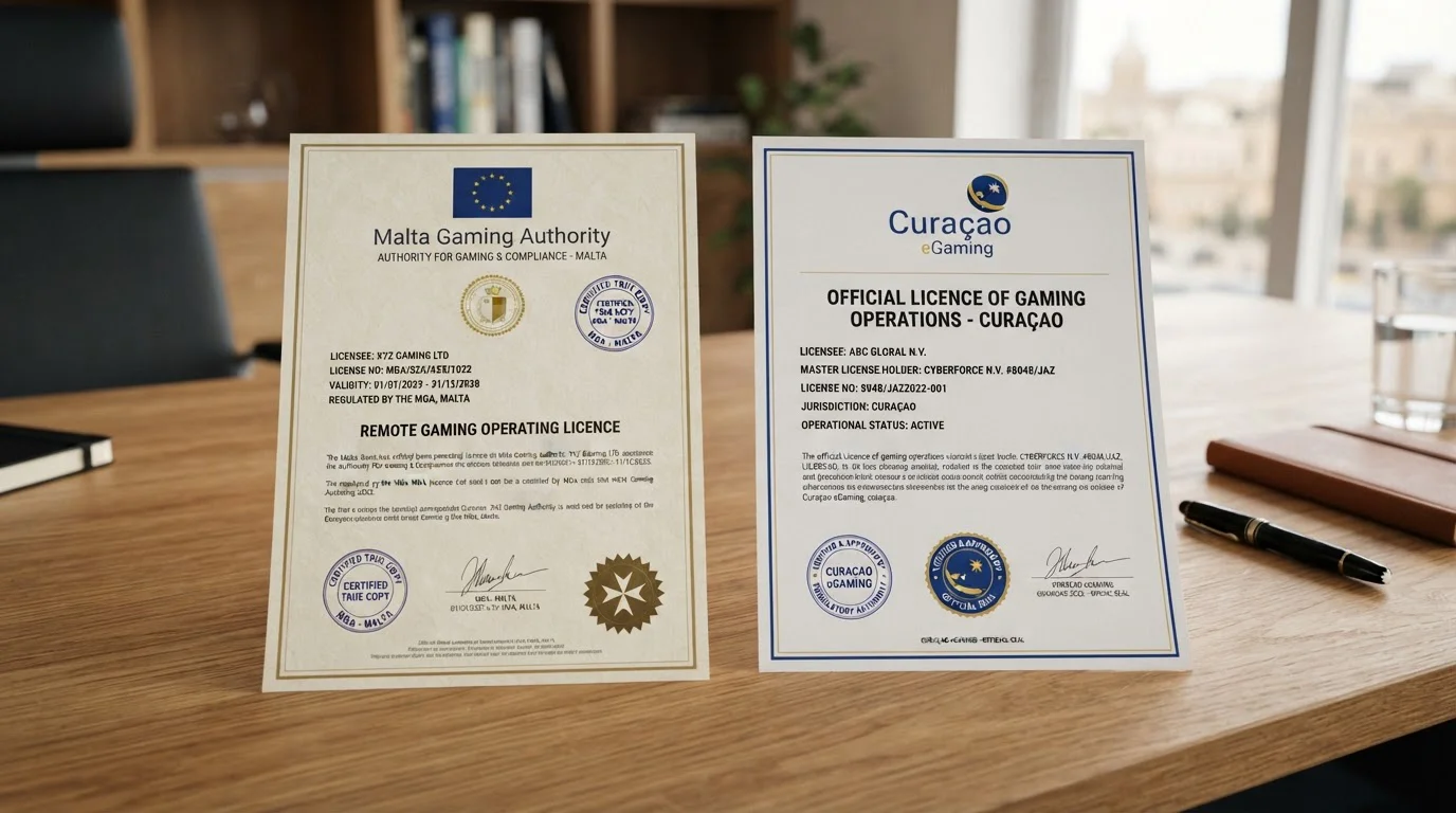 Srovnávací dokument Malta Gaming Authority a Curaçao eGaming licence s oficiálními razítky