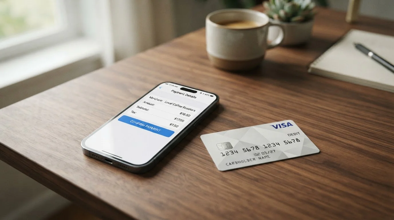 Mobilní telefon s otevřenou platební aplikací a kartou Visa na klidném stole