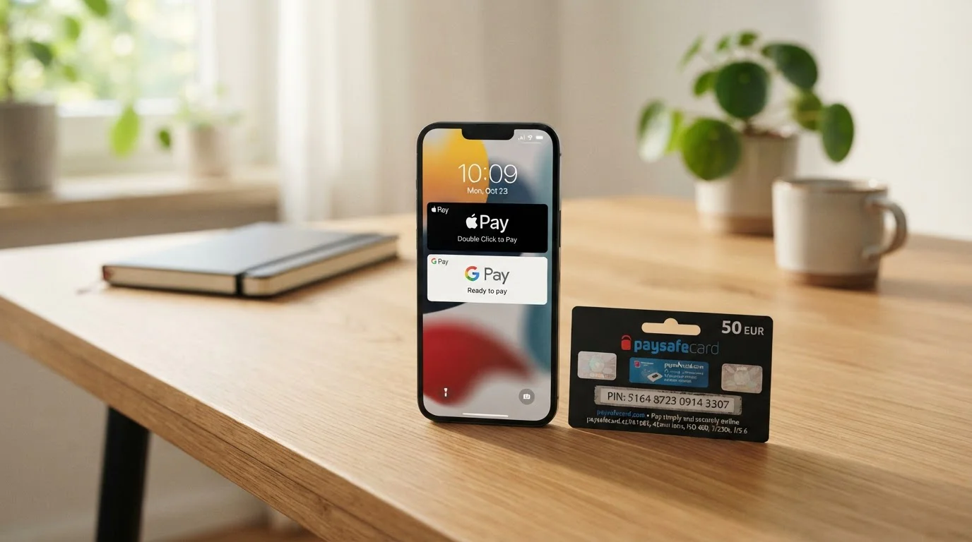 Apple Pay, Google Pay a paysafecard kód na stole s mobilním telefonem