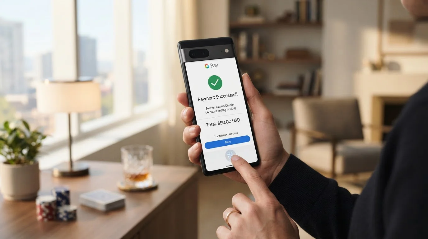 Ruka drží Android telefon s otevřenou obrazovkou Google Pay nad notebookem s herní pokladnou
