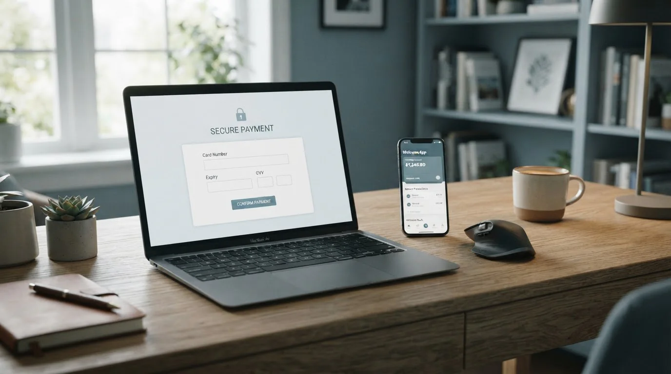Notebook s otevřenou pokladnou online herny a telefon s bankovní aplikací na klidném stole