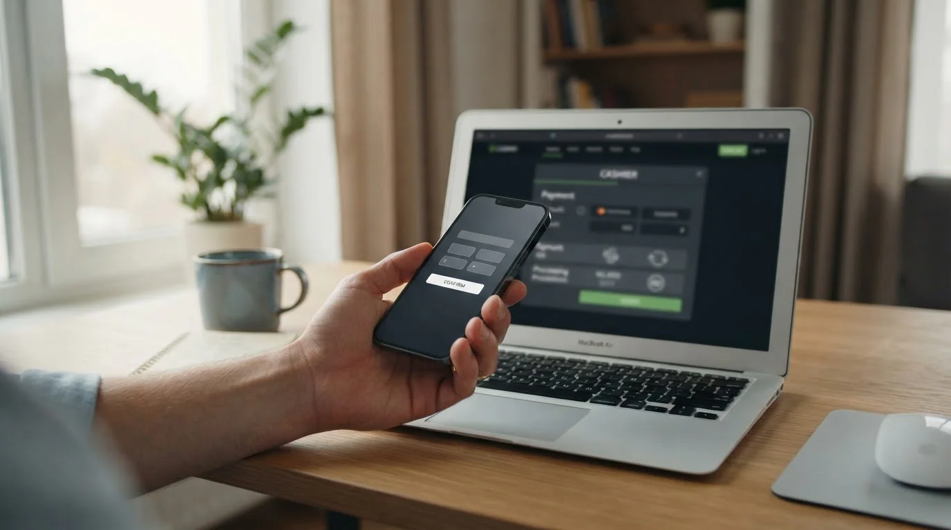 Ruka drží telefon nad notebookem s otevřenou pokladnou online casina
