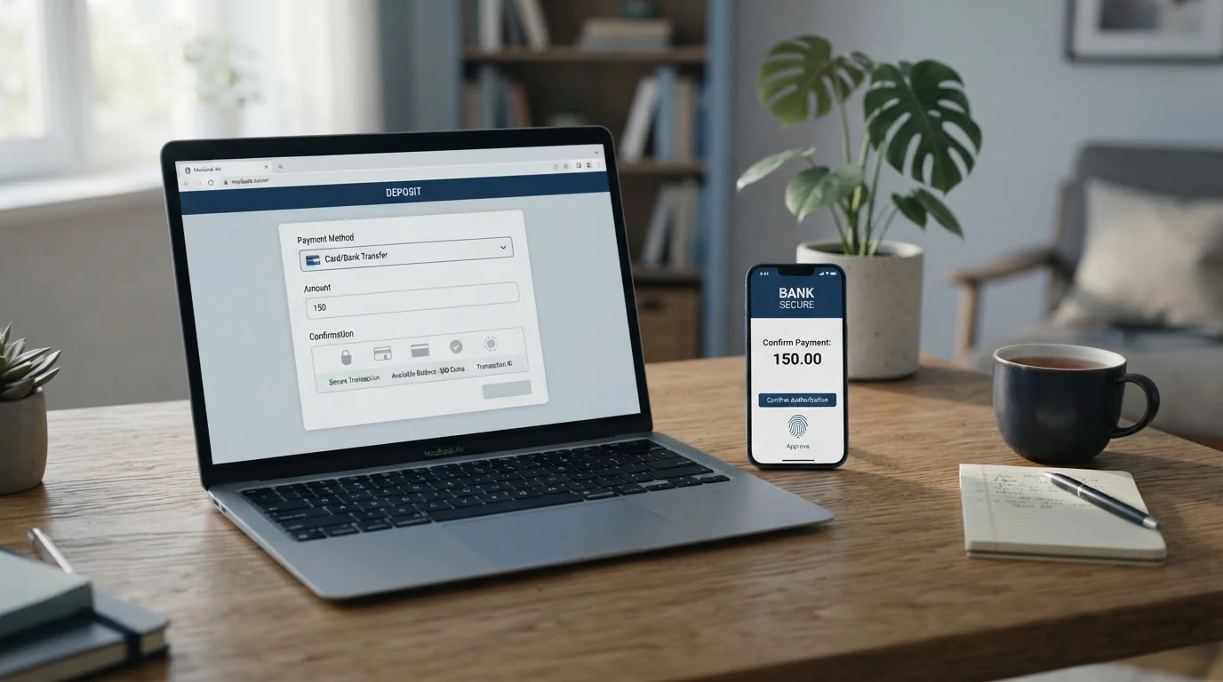 Detail obrazovky notebooku s otevřenou pokladnou online casina a smartphonu s bankovní aplikací