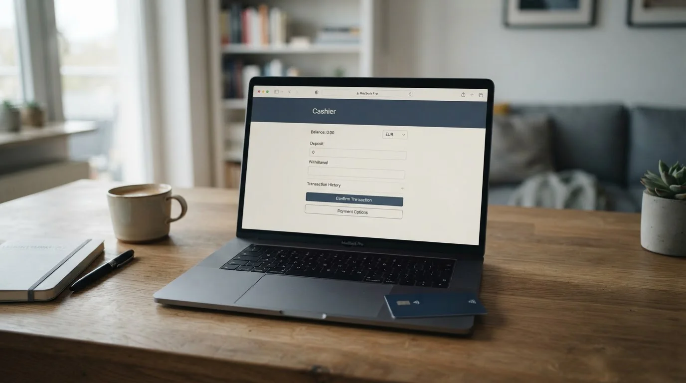 Karta Visa ležící vedle notebooku s otevřenou pokladnou online herny
