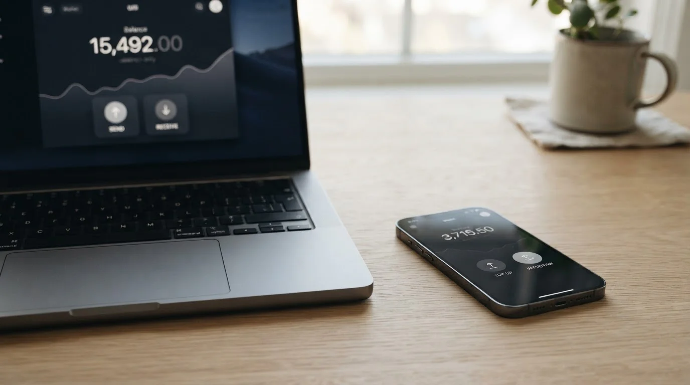 Notebook a mobilní telefon zobrazují abstraktní rozhraní elektronické peněženky