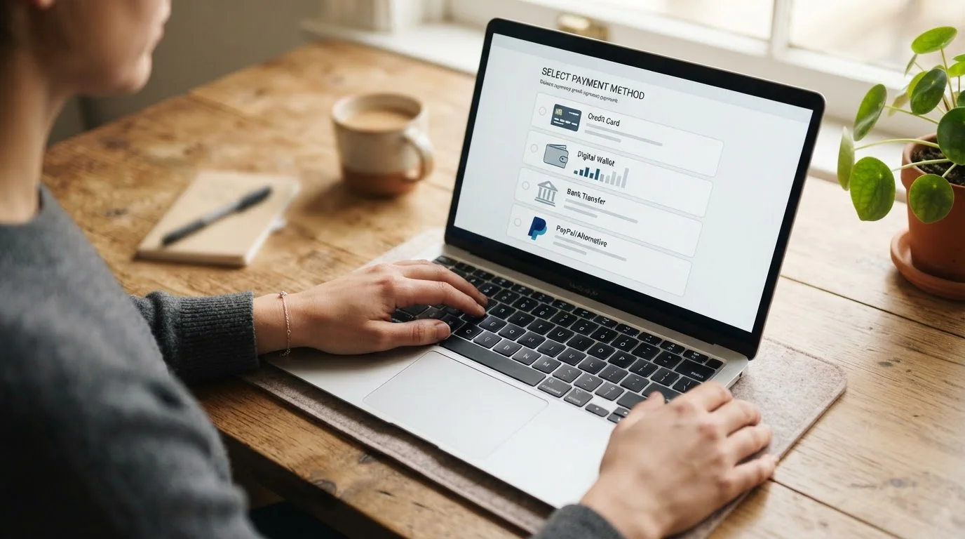 Notebook s otevřeným seznamem méně známých platebních metod pod hlavičkou peněženky