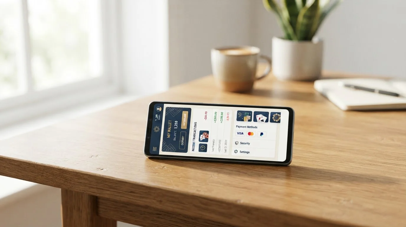 Mobilní telefon s otevřenou aplikací online casina na dřevěném stole v moderním interiéru