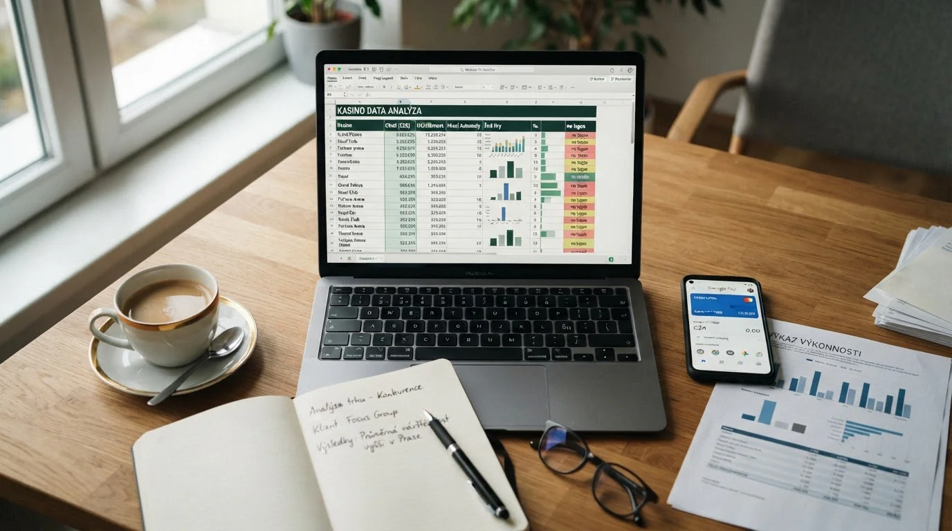 Pracovní stůl s notebookem otevřeným na porovnávací tabulce heren a telefonem s aplikací Google Peněženka