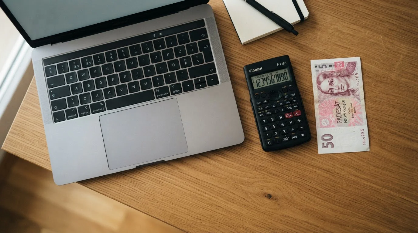 Papírová kalkulačka a bankovka padesáti korun položené vedle klávesnice notebooku