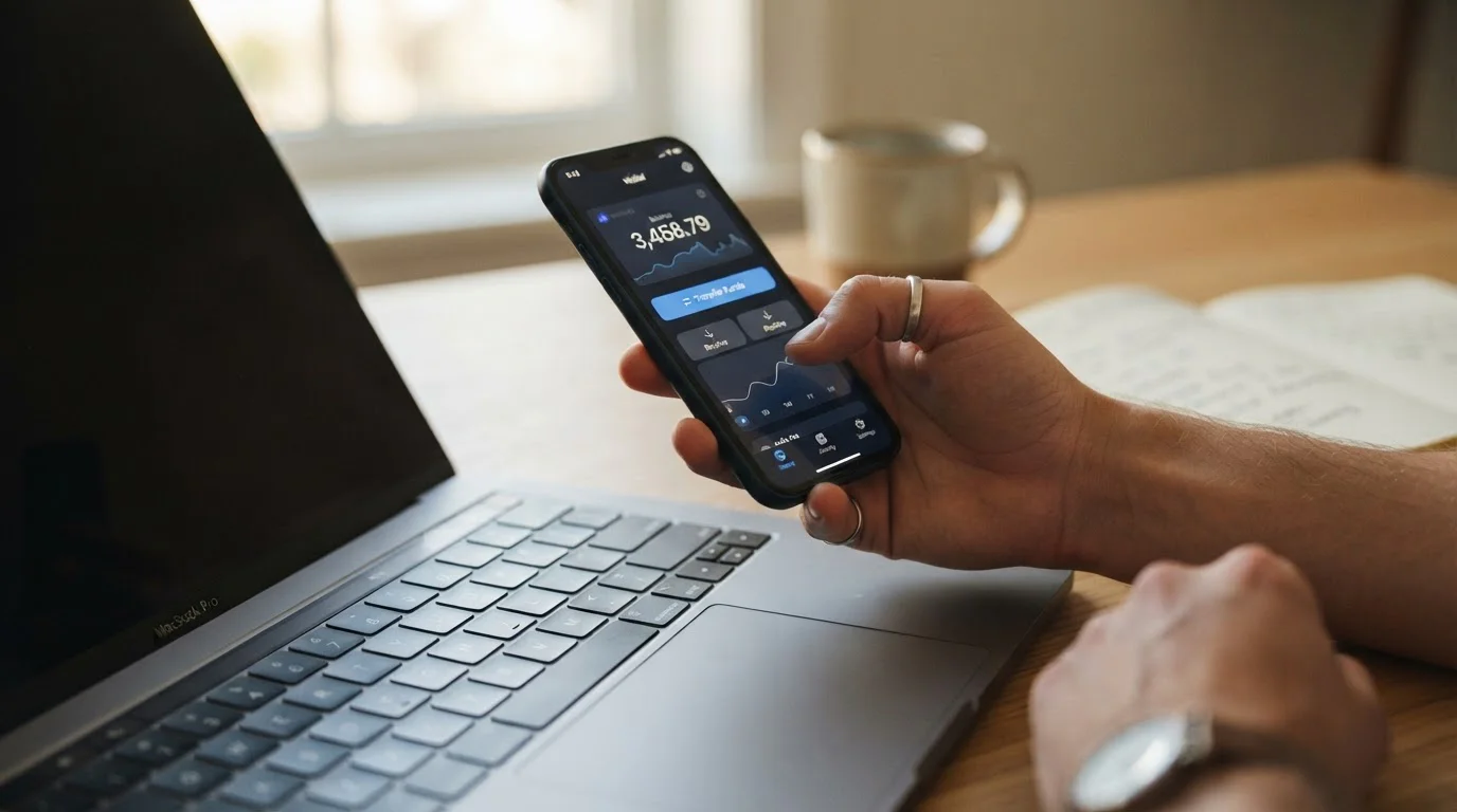 Osoba drží telefon s otevřenou peněženkou PayPal vedle notebooku