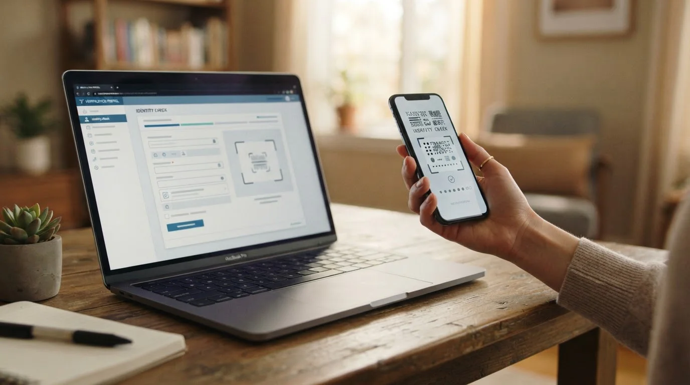 Notebook a smartphone zobrazují proces ověření platebního účtu