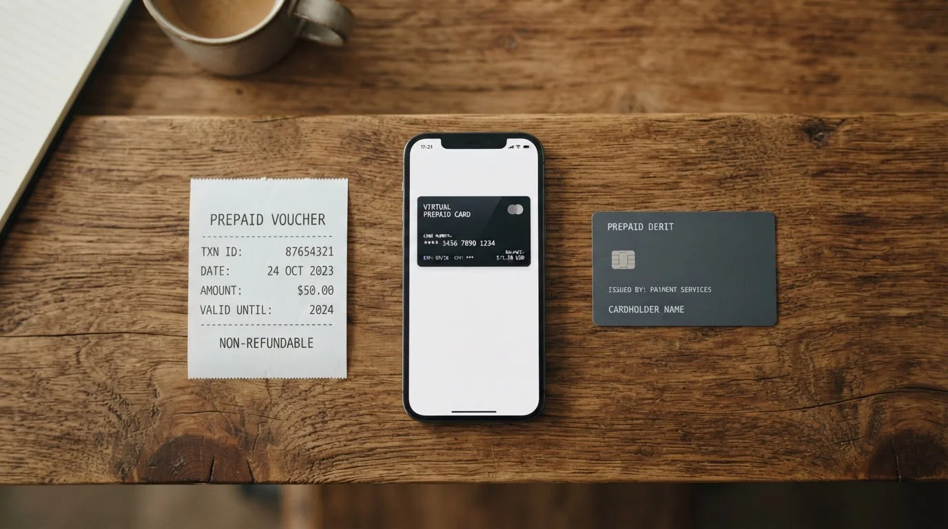 Trojice předplacených nástrojů na stole: paysafecard účtenka, virtuální karta v telefonu a poukaz jiné značky