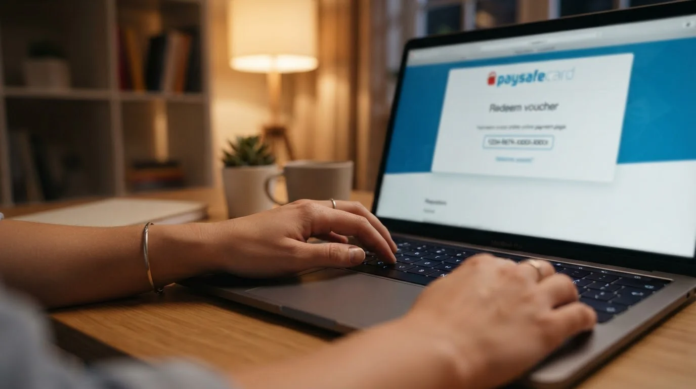 Osoba vkládá šestnáctimístný kód paysafecard na obrazovce casina