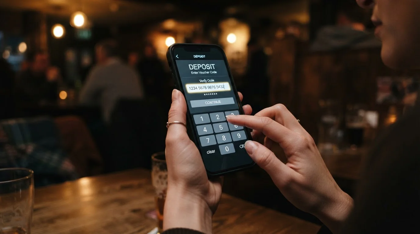 Detail smartphonu s otevřenou pokladnou online casina, prsty zadávají šestnáctimístný kód
