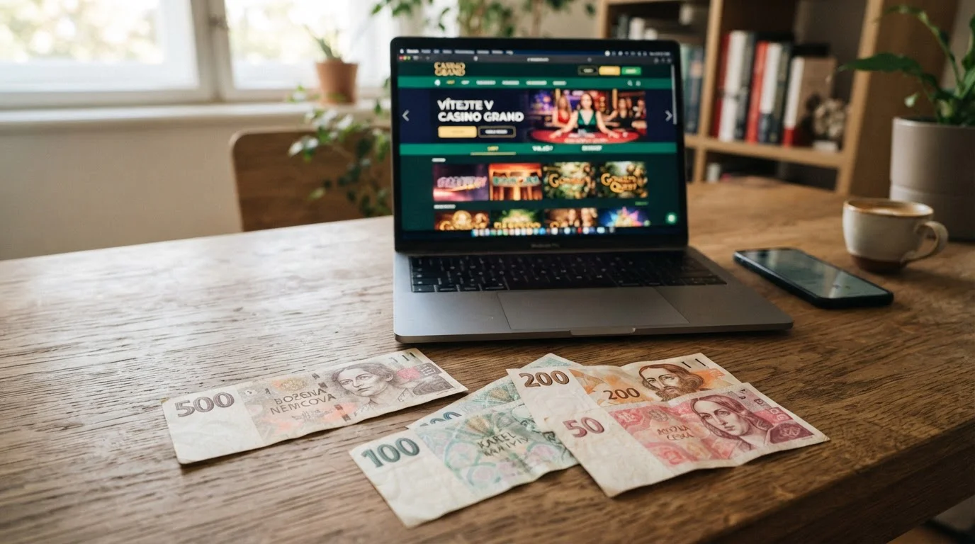 Pětisetkoruna a několik menších bankovek u notebooku s otevřenou aplikací casina