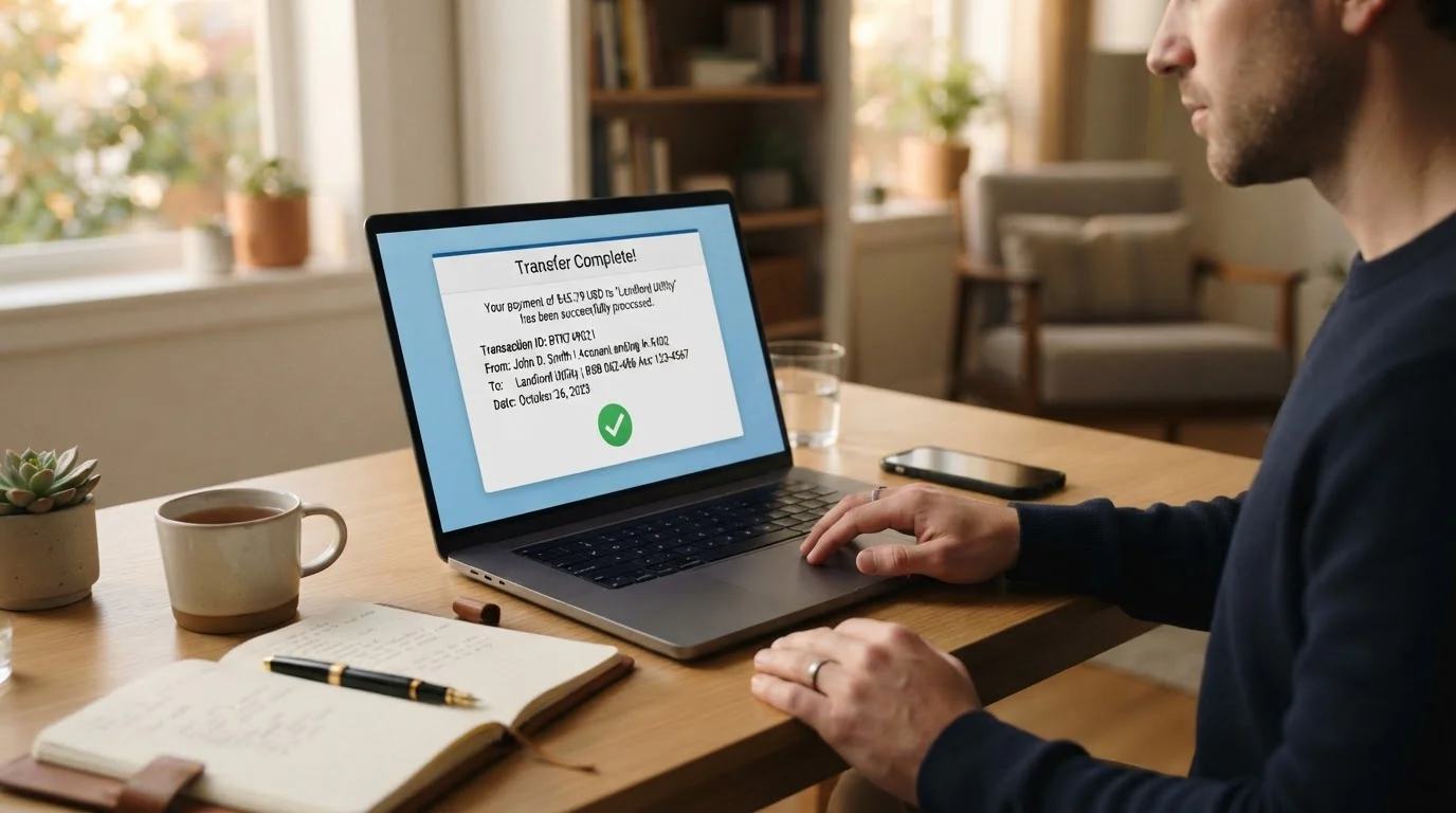Otevřený laptop s obrazovkou bankovní brány zobrazující potvrzení převodu