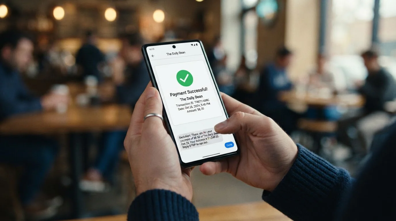 Detailní zobrazení šestikrokového procesu vkladu s SMS potvrzením na mobilu