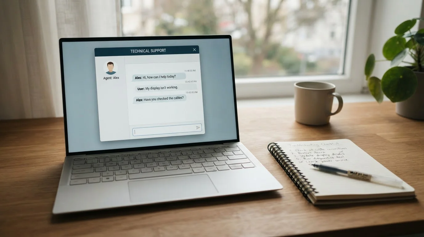 Klidný stůl s notebookem a několika ikonami symbolizujícími řešení problémů