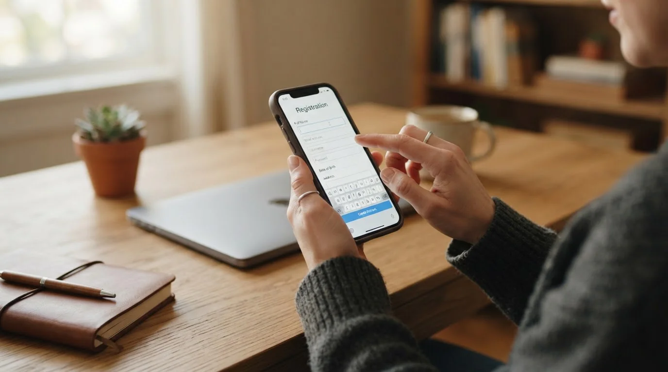 Osoba s mobilem v ruce vyplňující registrační formulář online casina