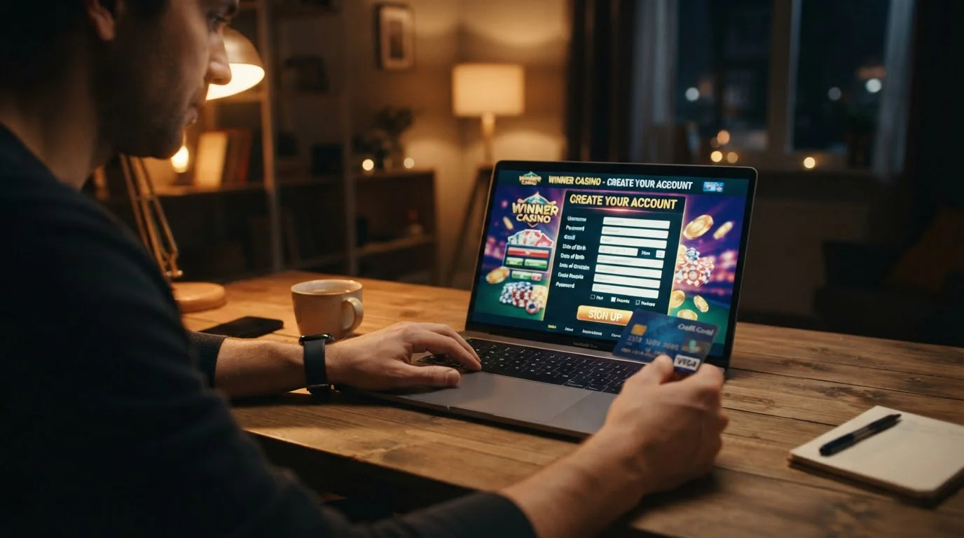 Notebook s registrací zahraničního casina a rukou hráče držící kartu Visa