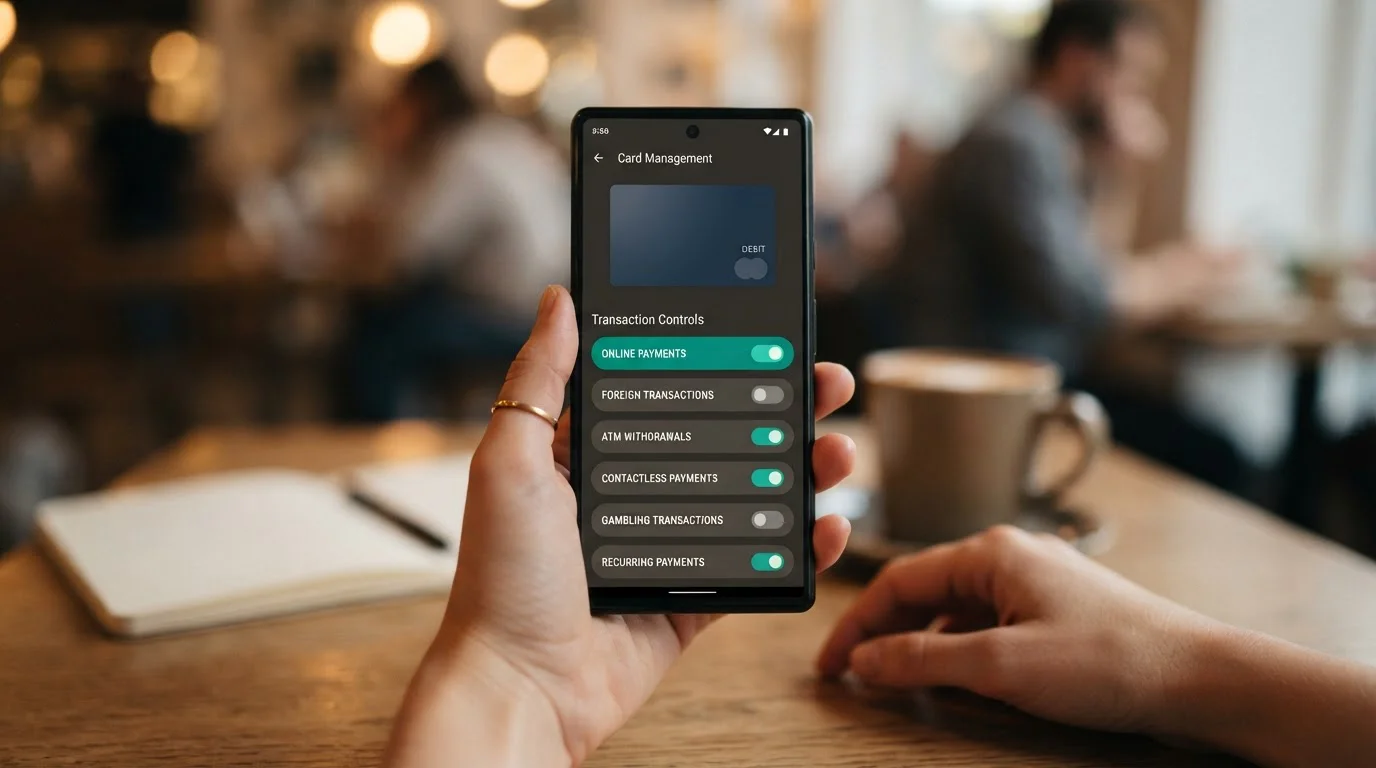 Detail obrazovky aplikace neobanky s otevřenou sekcí Card controls a přepínači kategorií plateb