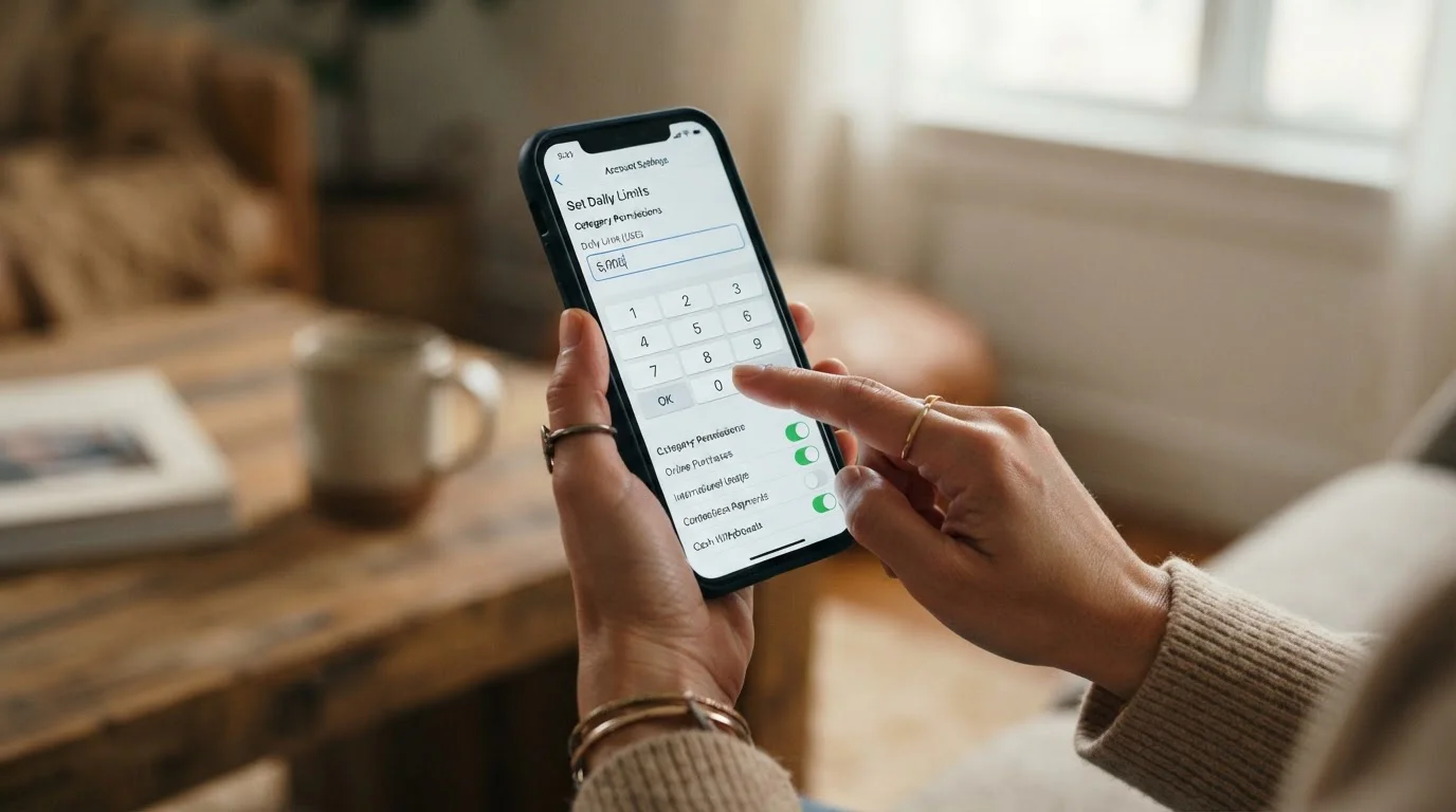 Otevřená aplikace neobanky s klávesnicí zadávající limity vkladu a přepínači Card controls